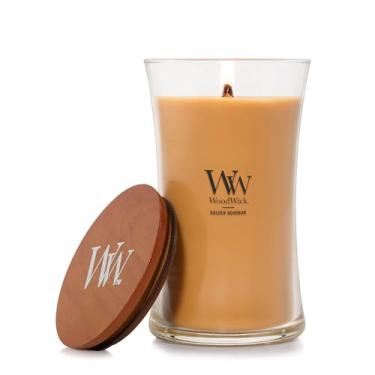 Imagem de WoodWick Vela de Natal Golden Bourbon para mulheres e homens, vela grande ampulheta de 609 g com pavio crepitante