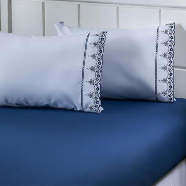 Imagem de Jogo Lençol 3 Peças Percal 180 Fios Casal Azul Marinho - Tô Decorando