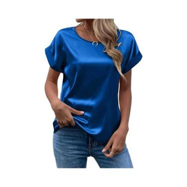 Imagem de Camisa Feminina Soltinha de Cetim - Manga Curta, Gola Redonda, Cores V