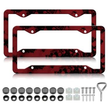 Imagem de Molduras de placa de licença vermelhas e pretas - pacote com 2 suportes de placa de carro personalizados com respingos de sangue, molduras decorativas de carro à prova de ferrugem de metal de alumínio