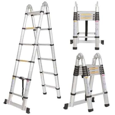 Imagem de Escada telescópica de 1,9 m + 1,9 m, escada telescópica de alumínio com pés antiderrapantes, estabilizador ajustável, escadas de extensão com capacidade de 150 kg Escadas dobráveis para trabalho