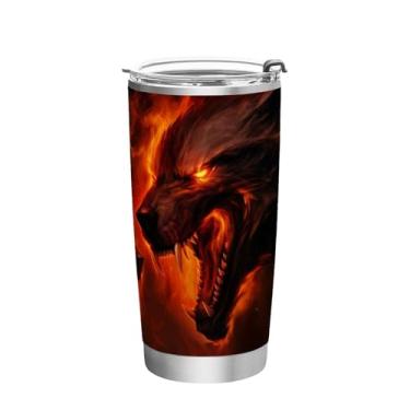 Imagem de Blueangle Copo de 590 ml com tampa e canudo, copo de café com água isolada a vácuo de aço inoxidável, caneca de viagem de lobo escuro, copo térmico para bebidas quentes e frias (512)