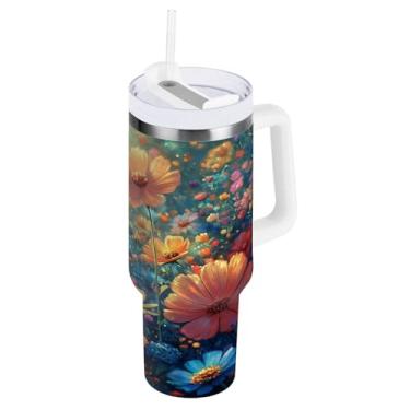 Imagem de Blueangle Copo de pintura de margaridas de 1,134 g com alça e tampa de palha, copo isolado reutilizável de aço inoxidável garrafa de água caneca de viagem (602)