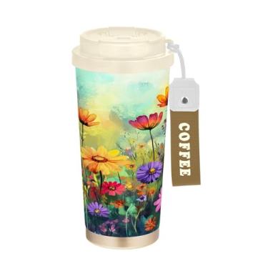 Imagem de SEHANY Caneca de viagem colorida de ervas silvestres de 500 ml Copos de café reutilizáveis revestidos de cerâmica com tampa à prova de vazamento, parede dupla, isolamento a vácuo, copo de café de aço