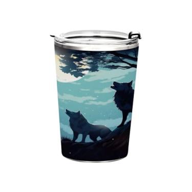 Imagem de Blueangle Copo de 340 g com tampa e canudo, copo de café com água isolada a vácuo de aço inoxidável, caneca de viagem com lobo lua noturna copo térmico para bebidas quentes e frias (750)