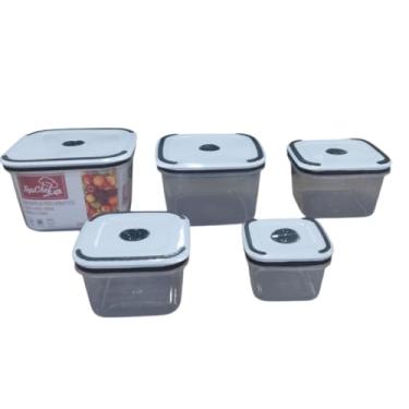 Imagem de Conjunto 5 Potes Herméticos Quadrados com Tampa, Plástico Transparente e Branco, Livre de BPA, 320ml a 2300ml, para Armazenamento de Alimentos