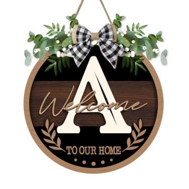 Imagem de Bolisom Placa de monograma letra A para porta da frente, bem-vindo à nossa casa, sobrenome, inicial, cabide de madeira, presente de casamento, guirlanda rústica de casa de fazenda, decoração de parede