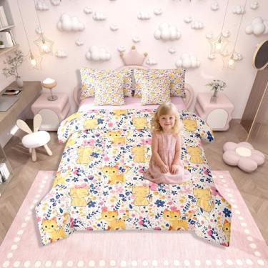 Imagem de Erosebridal Jogo de cama solteiro com estampa de gatos amarelos e flores, rosa, 7 peças, folhas, animais, com lençol com lençol floral, jardim botânico, kawaii, feminino, conjunto de cama feminina