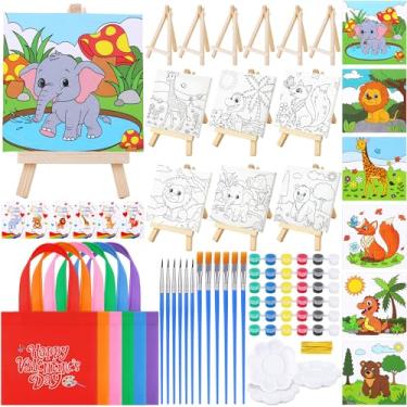 Imagem de Fovths 6 conjuntos de telas de dia dos namorados para pintura de painel de tela pré-desenhada com cavalete de madeira, ferramentas de pintura para cartões, mini conjunto de tinta, dia dos namorados