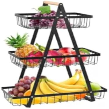 Imagem de Cesta de frutas para cozinha com tres andares, e elegante, preta.