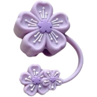 Imagem de Topo de palha de silicone roxo de 10 mm para Stanley 30 e 1,134 g, tampa de palha de flores de cerejeira, topo de palha à prova de respingos, capa de tampa de palha reutilizável, capas de ponta de