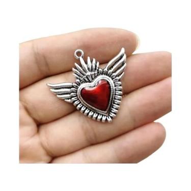 Imagem de Pingentes De Coração Sagrado Gótico Em Prata Antiga Com Asa De Vampiro