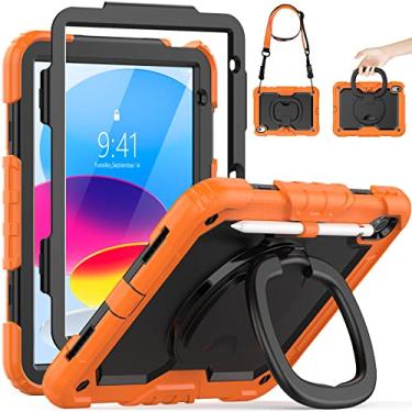Imagem de HXCASEAC Capa para iPad 10ª geração de 10,9 polegadas 2022 com protetor de tela, capa protetora de 3 camadas com rotação de 360° e suporte dobrável de 180°, alça de ombro, porta-lápis para capa de iPad de 10ª geração, laranja