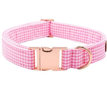 Imagem de Tunkoo Coleira de cachorro xadrez rosa, ajustável, durável e elegante, acessório para cães, coleira de algodão com fivela de metal ouro rosa, disponível em pequeno, médio, grande, GG, G