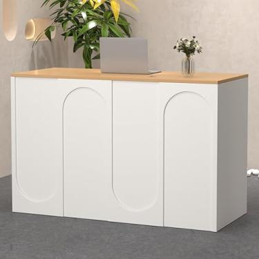 Imagem de Mesa de recepção moderna, balcão de caixa de varejo, balcão de recepção, balcão de recepção com gavetas com trava para saguão, salão de beleza, mesa de escritório doméstico (cor: nogueira, tamanho