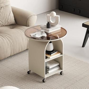 Imagem de Mesa lateral com rodas, com prateleira de vidro temperado, mesa lateral de sofá móvel, mesa de cabeceira de 3 camadas com rodas, mesas laterais para quarto, sala de estar (branca, 40 cm)