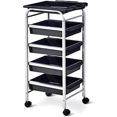 Imagem de Carrinho de carrinho de salão de 5 camadas com freios - Rack móvel de armazenamento para barbeiros, cabeleireiros e profissionais de beleza - Prateleira universal resistente e durável com ferragens