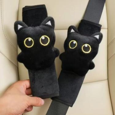 Imagem de 1 peça capa de cinto de segurança de ombro de pelúcia para carro gato preto travesseiro feminino homem protetor de cinto de segurança novo presente para amantes de gatos, 23,5 * 7 cm