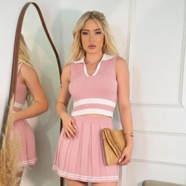 Imagem de Conjunto Feminino Elegante Tricot Premium Regata Gola Polo Listrado + 