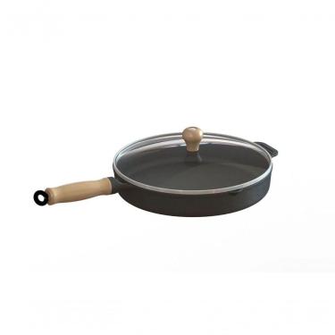 Imagem de Frigideira Ferro Fundido Com Tampa Vidro Cabo Madeira 26Cm