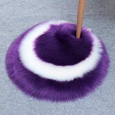 Imagem de Tapetes redondos falsos, tapete macio de pelo longo, padrão circular, antiderrapante, lavável para sala de estar, quarto, escritório, banheiro, varanda, sofá infantil, almofada para pés, roxo, branco