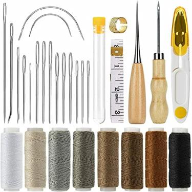Imagem de Costura de couro, KKcare 29 unidades kit de costura de couro agulhas de costura fio de fio fita métrica para costura dedal DIY couro artesanal