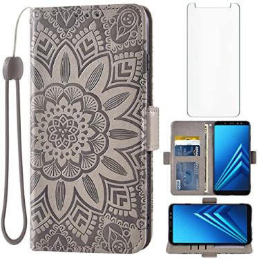 Imagem de Asuwish Capa de telefone para Samsung Galaxy A8 Plus 2018 com protetor de tela de vidro temperado e carteira de couro floral flip capa porta-cartão de crédito acessórios para celular Glaxay A8+ Gaxaly