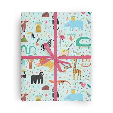 Imagem de REVEL & Co Papel de embrulho de animais de festa — Papel de embrulho de animais de safári dobrado plano, 68 x 99 cm para aniversários e chás de bebê com leões, girafas, cobras, zebras, flamingos,