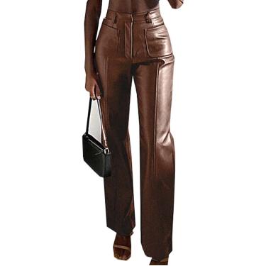 Imagem de Calça casual de couro com bolso duplo, calça feminina fina de couro pu com perna reta, marrom, M