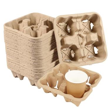 Imagem de Pacote com 50 bandejas de café descartáveis com 4 xícaras, suporte de copo biodegradável e compostável, bandejas portáteis de transporte de bebidas para bebidas quentes e frias, suporte de copo de