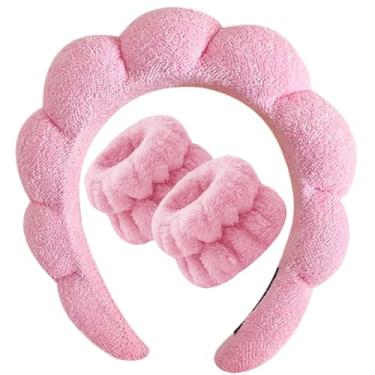 Imagem de Beleki Faixa de cabeça de spa para lavar o rosto, esponja rosa e conjunto de pulseira para maquiagem, cuidados com a pele, faixas de cabeça inchadas antiderrapantes acessórios de cabelo para mulheres