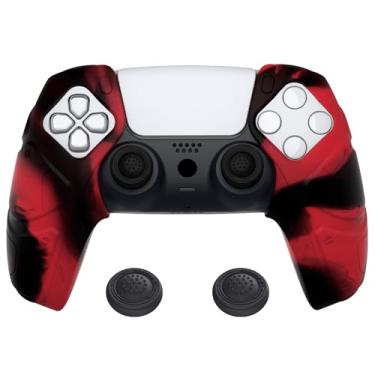 Imagem de PlayVital Capa de silicone macia ergonômica vermelha e preta para controle Mecha Edition para ps5, películas protetoras de borracha com tampas de polegar para controle ps5 - compatível com estação de