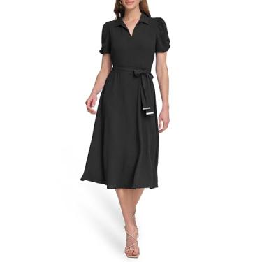 Imagem de DKNY Vestido midi feminino de manga curta e flare, Preto, 36
