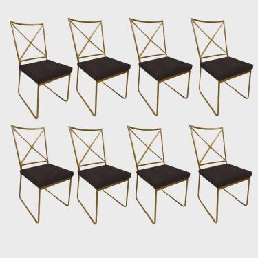 Imagem de Kit 08 Cadeiras Sala de Jantar Escritório Office Clark Industrial Ferro Dourado Suede Marrom - Ahz Móveis