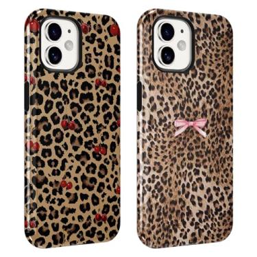 Imagem de Zrutru Pacote com 2 capas de telefone Cherry Cheetah para iPhone 12/12 Pro, capa feminina com estampa de laço de leopardo para meninas e mulheres, à prova de choque, 2 em 1, capa rígida de