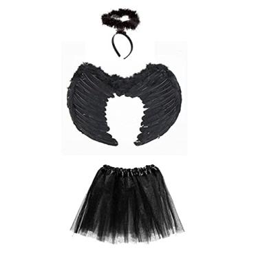 Imagem de Fantasia Anjo Asa Aureola e Saia Preta Infantil - 3 Peças