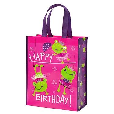 Imagem de WRAPAHOLIC Bolsa de presente reutilizável média com alças - 25,4 x 12,7 x 33 cm - Sapo brincando com design de letras de feliz aniversário, perfeita para presente de festa de aniversário infantil, sacola de compras