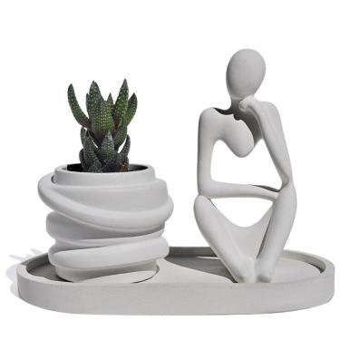 Imagem de Conjunto Decorativo 3 Peças Estátua Pensadora Vaso Saturno Bandeja Cinza