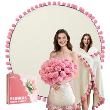 Imagem de Cobertor de buquê de flores para mãe, avó, esposa, namorada, cobertor de flores de crochê, cobertores de malha macia, presentes para aniversário de Natal (rosas rosas)