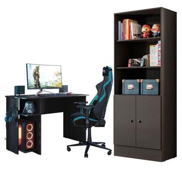 Imagem de Mesa para Computador 3875 e Armário Gamer 4095 Preto Fosco - Qmovi