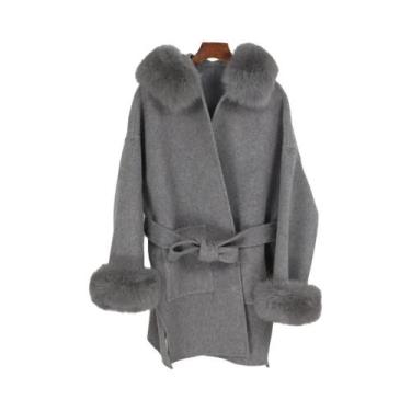 Imagem de Casaco Feminino de Inverno em Lã e Caxemira - Gola de Pele de Raposa c