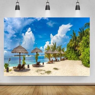 Imagem de DORCEV Pano de fundo de praia tropical de verão para festa 2,1 x 1,5 m tropical Havaí cenário de praia litorânea palmeiras fotografia céu azul nuvens brancas férias férias férias decoração retrato