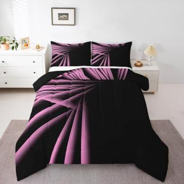 Imagem de jejeloiu Jogo de cama solteiro com listras ombré, abstrato, rosa e preto, para meninos, adultos, adolescentes, luxuoso, simples, arte geométrica, moderna, edredom para decoração de quarto