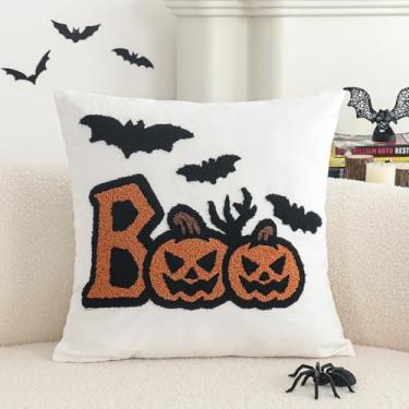 Imagem de Jonhier Capa de almofada branca de Halloween, capa de almofada decorativa bordada morcegos abóboras para sofá-cama pátio, fronha texturizada decoração de festa de ação de graças em casa outono