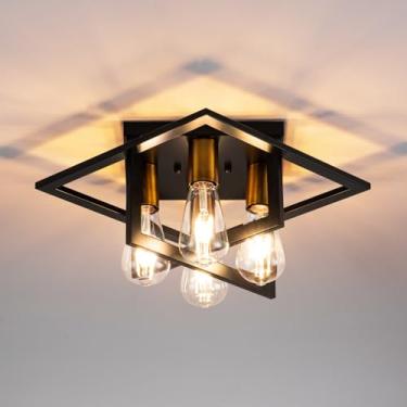 Imagem de fengkeDU Luminária de teto de montagem semiembutida, 4 luzes de teto industriais, moldura preta e detalhes dourados, iluminação de casa de fazenda próxima ao teto para cozinha, banheiro, quarto