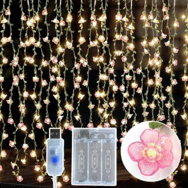 Imagem de IJG Luzes de videira em flor de cerejeira - 108 luzes de LED 150 x 80 cm brancas quentes, luzes de fadas de flores rosa, romântico dia dos namorados, USB/caixa de bateria com cabo de 5 metros