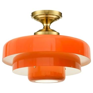 Imagem de Qepeety Luminária de teto de meados do século, lustre laranja, 3 camadas, cúpula dourada, acabamento laranja metálico, luminárias de montagem semi-embutida dourada para sala de jantar, corredor