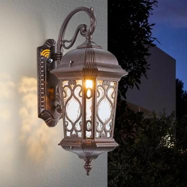 Imagem de Luminária de parede externa bronze polido a óleo de 53 cm A tamanho grande do crepúsculo ao amanhecer, luminária de varanda rústica marrom escuro com vidro de água à prova d'água arandela de parede