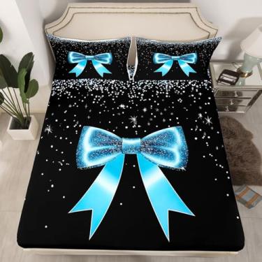 Imagem de Erosebridal Jogo de lençol solteiro com laço de fita azul, com laço kawaii, romântico, princesa, céu estrelado, rosa, glitter, preto