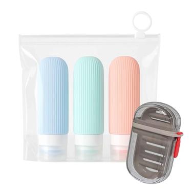 Imagem de Kit Saboneteira de Viagem Com 3 Frascos para Shampoo e Creme, Silicone, Compacto e Funcional (Cinza e Colorido)